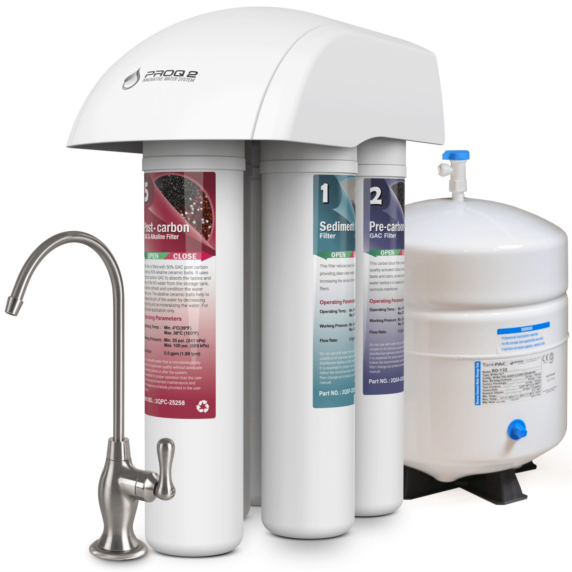 GWS PROQ2 Alkaline Reverse Osmosis System Under Sink, 5 Stage RO w/ Brushed Nickel Faucet and RO Tank, pH+ Alkaline Water Filter for Essential Minerals, Quick Change Water Filter for Sink, 50GPD