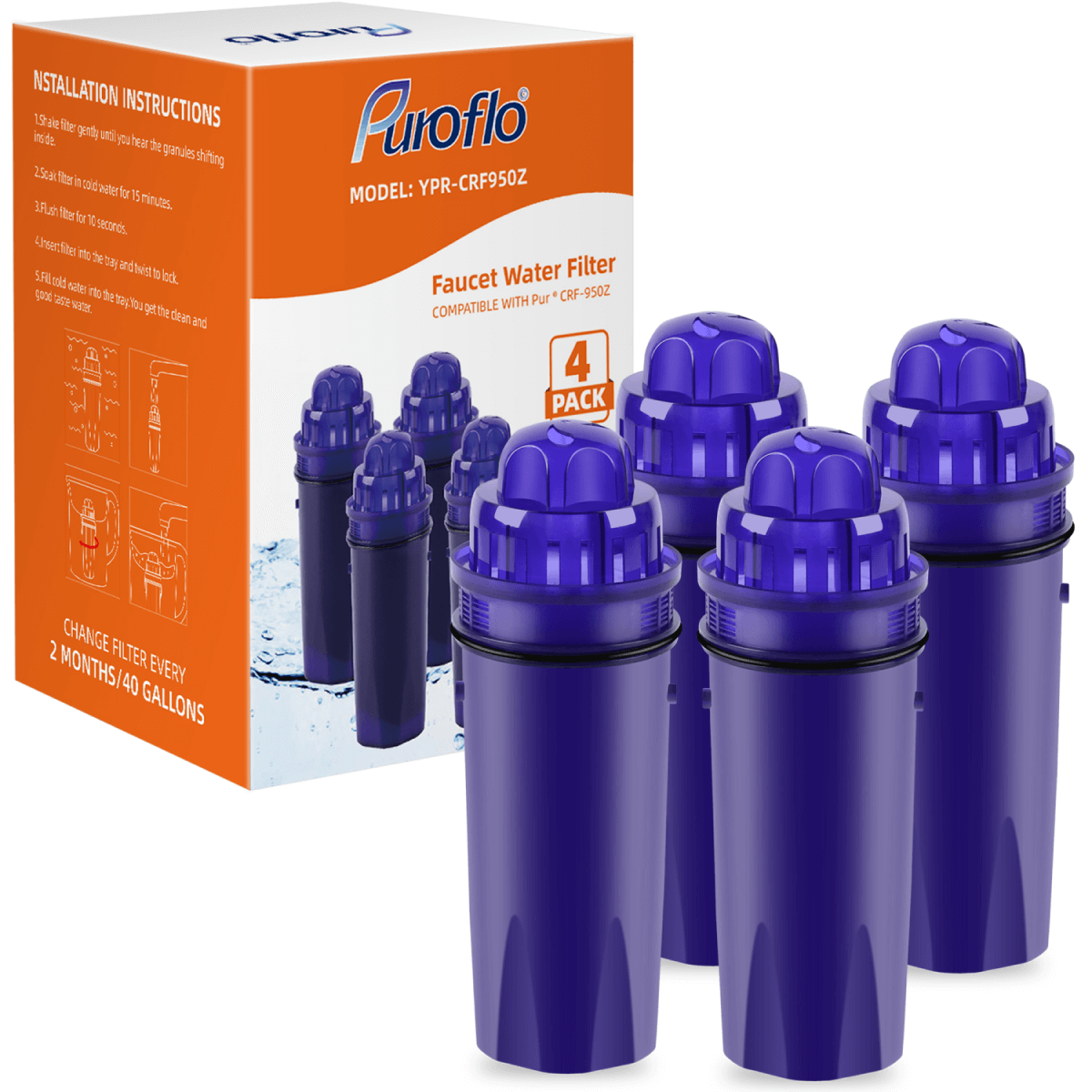 Puroflo CRF950Z Pitcher Water Filter Replacement for Pure Pitchers and Dispensers (4 Pack)