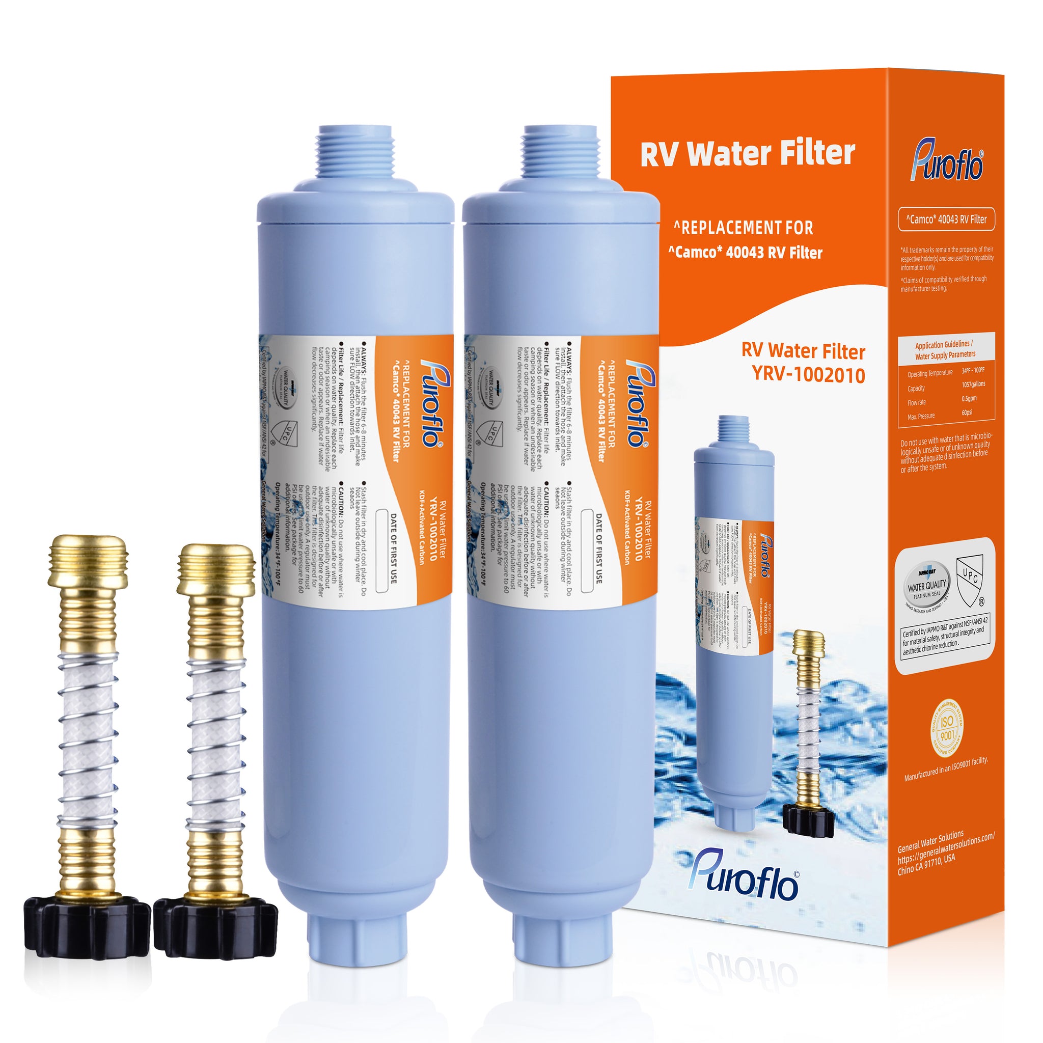 Puroflo Inline RV Water Filter with Flexible Hose Protector (2 Pack)