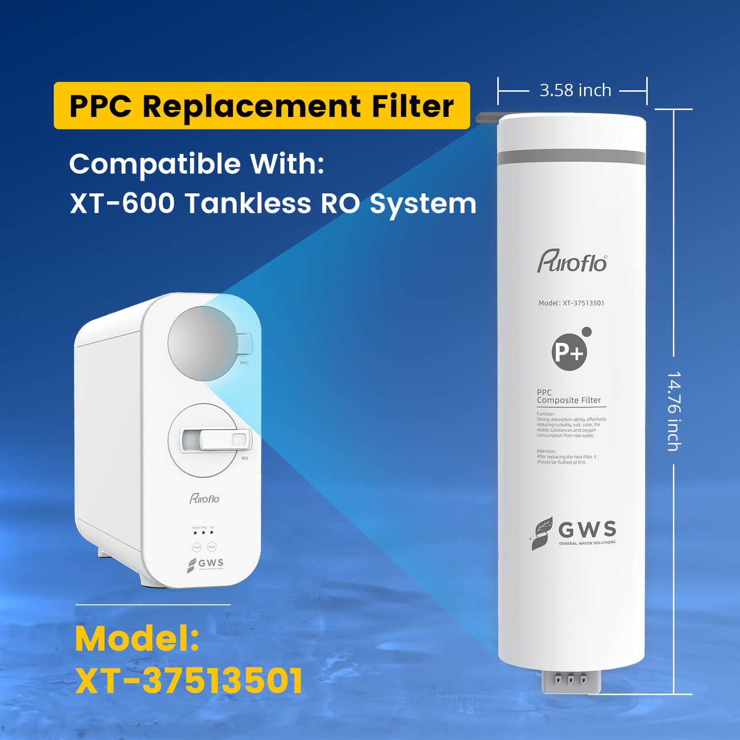 Puroflo PPC Replacement Filter, 1 Year Lifespan, Replacement for XT-600 Tankless Reverse Osmosis System, Reduces Large Particles of Impurities, Chlorine, Colors, and Odors XT-37513501 (1PACK)