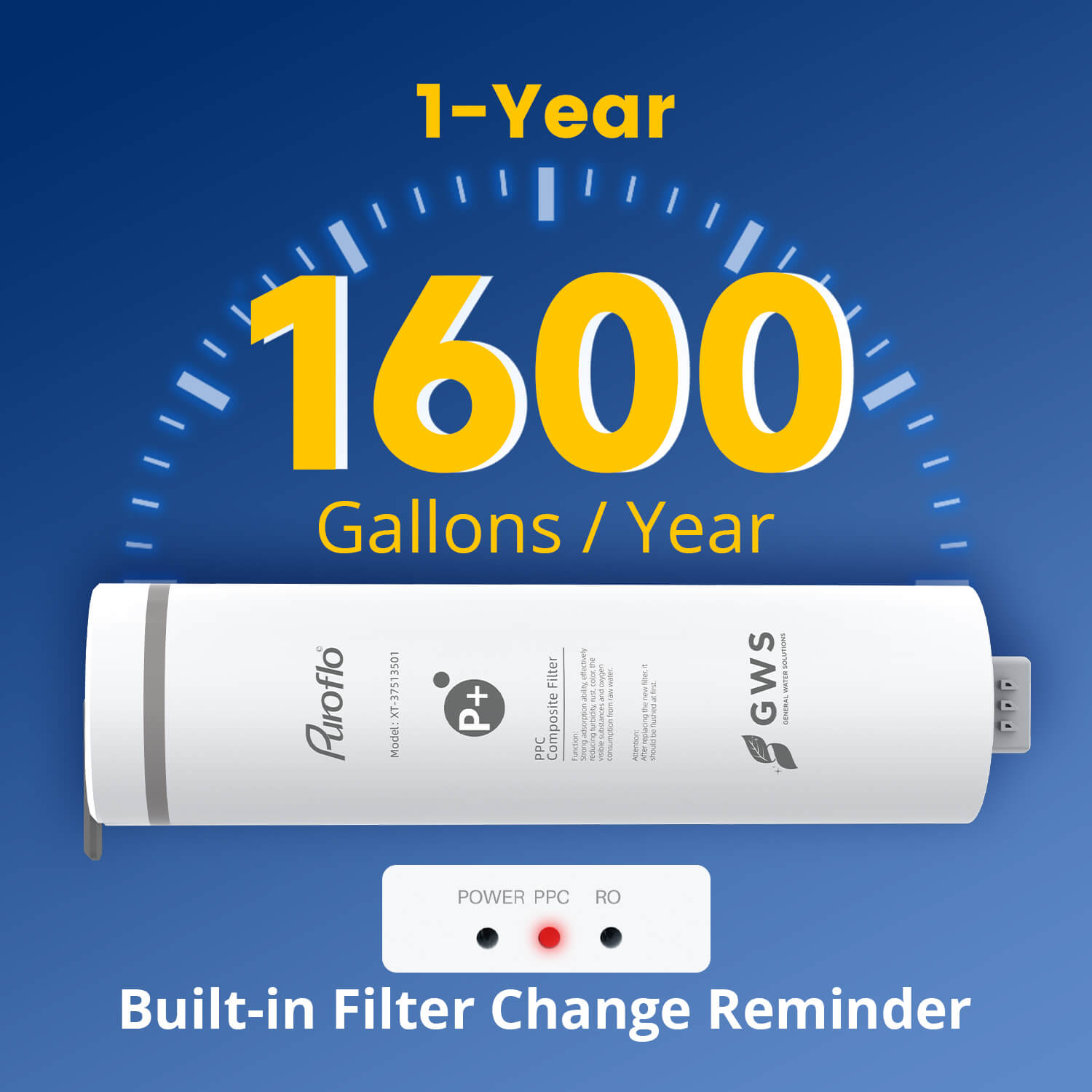 Puroflo PPC Replacement Filter, 1 Year Lifespan, Replacement for XT-600 Tankless Reverse Osmosis System, Reduces Large Particles of Impurities, Chlorine, Colors, and Odors XT-37513501 (1PACK)