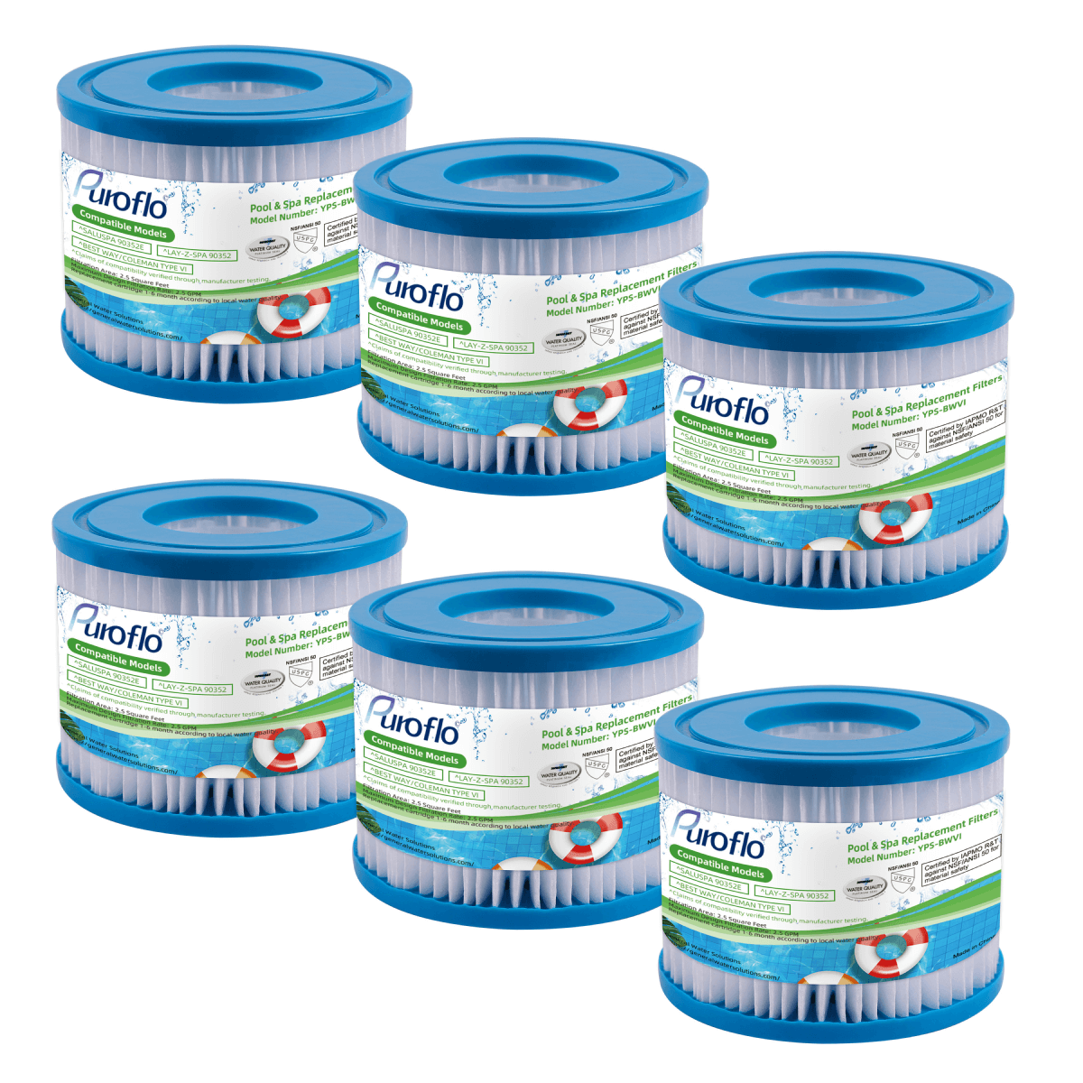 Puroflo Spa Filter Replacement Cartridge for BestWay Colem Type VI, an SaluSpa 90352E (6 Pack)
