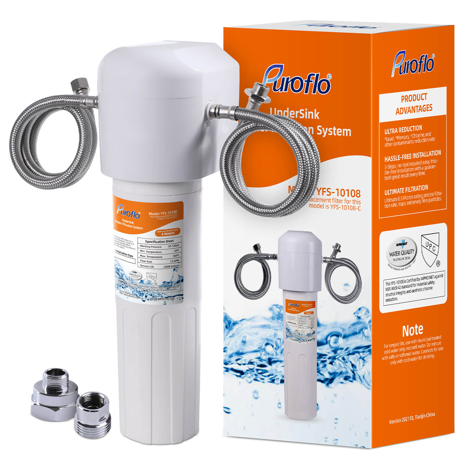 Puroflo Under Sink Water Filter System, Ultra High 22000G Capacity, Directly Connect Under Counter Drinking Water System, NSF/ANSI 42 Certified, Removes Chlorine Odor Heavy Metals, USA Tech Support