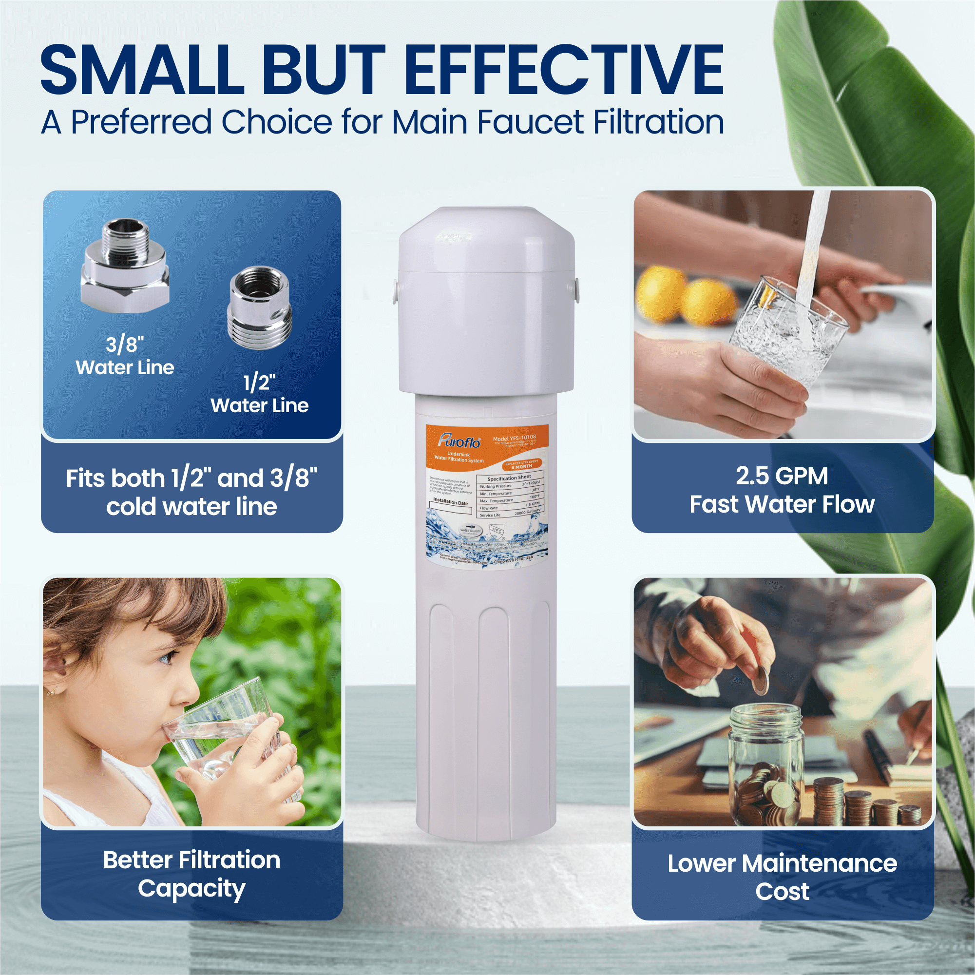 Puroflo Under Sink Water Filter System, Ultra High 22000G Capacity, Directly Connect Under Counter Drinking Water System, NSF/ANSI 42 Certified, Removes Chlorine Odor Heavy Metals, USA Tech Support