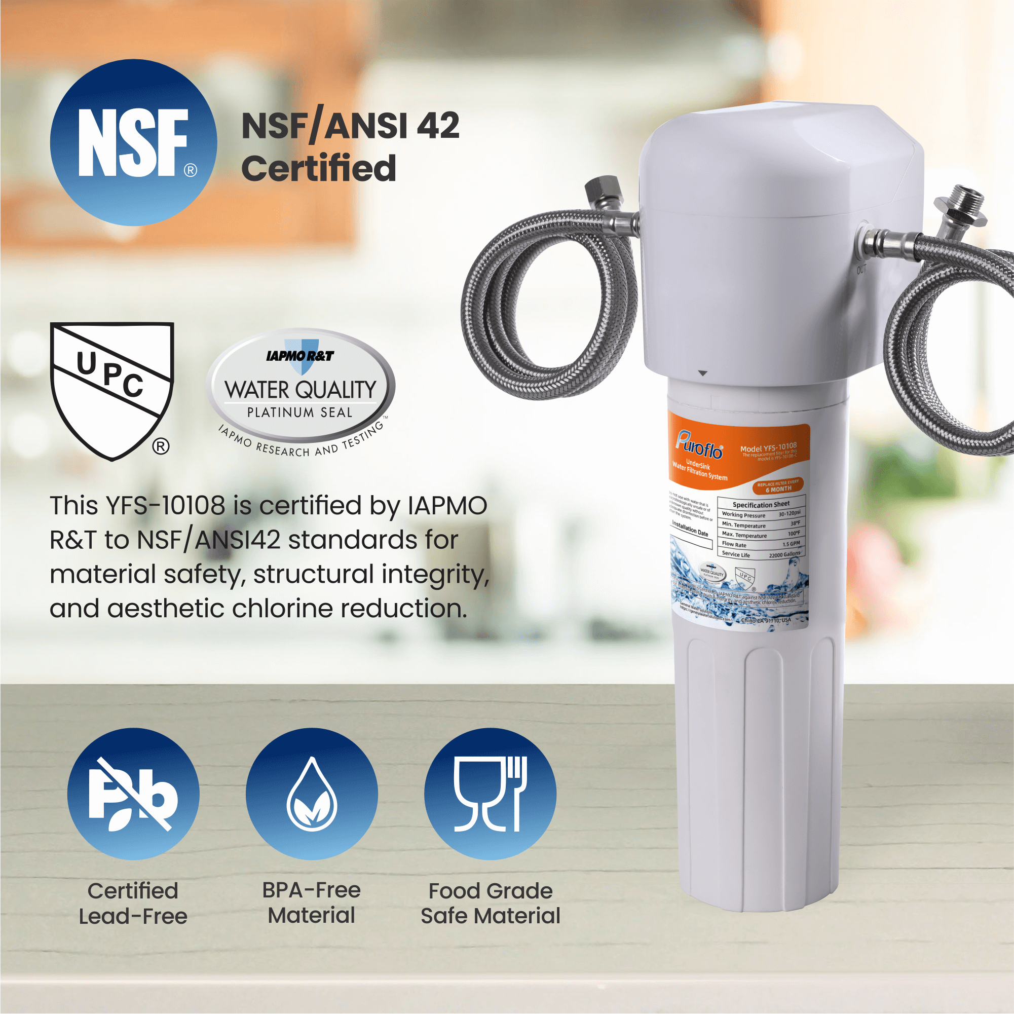 Puroflo Under Sink Water Filter System, Ultra High 22000G Capacity, Directly Connect Under Counter Drinking Water System, NSF/ANSI 42 Certified, Removes Chlorine Odor Heavy Metals, USA Tech Support