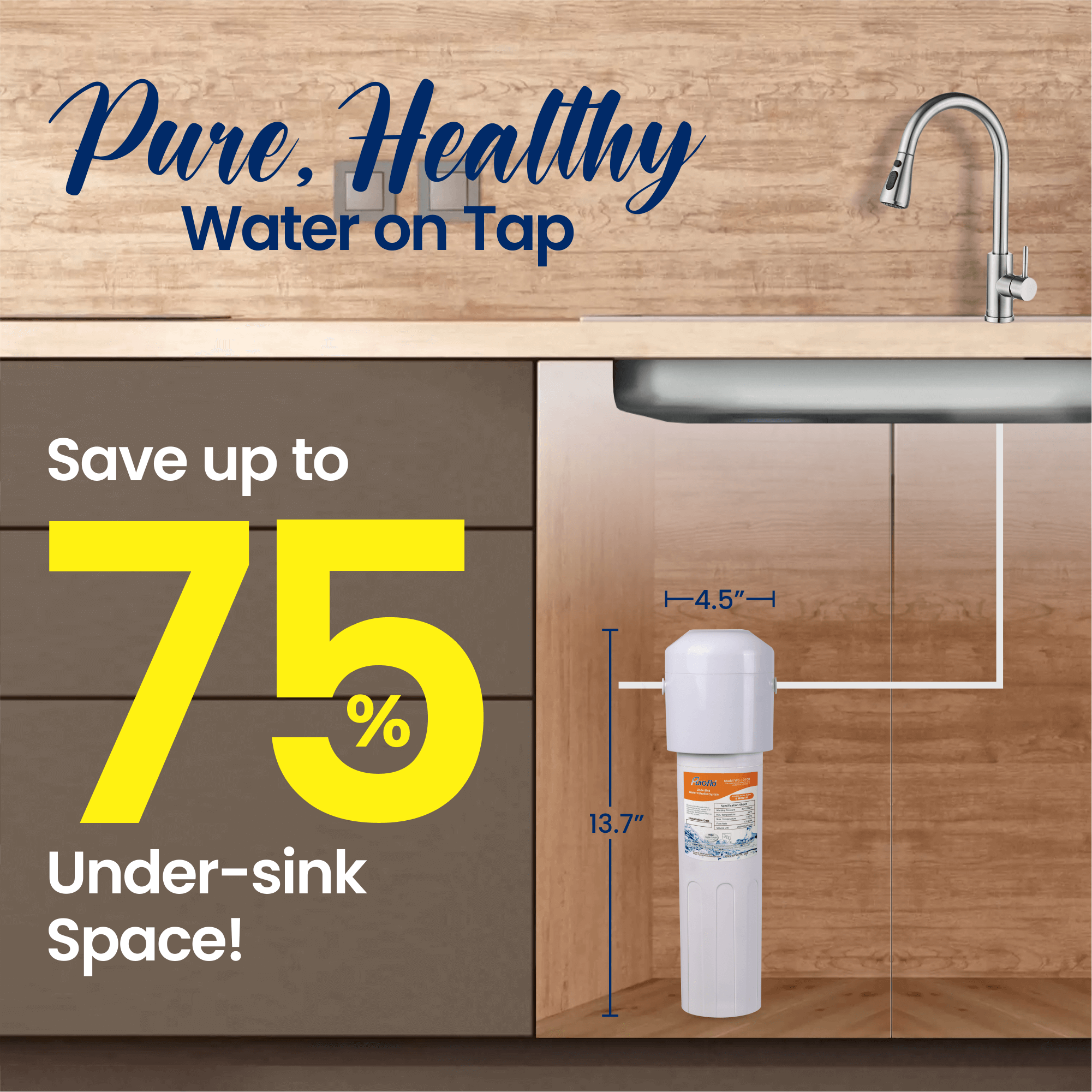 Puroflo Under Sink Water Filter System, Ultra High 22000G Capacity, Directly Connect Under Counter Drinking Water System, NSF/ANSI 42 Certified, Removes Chlorine Odor Heavy Metals, USA Tech Support