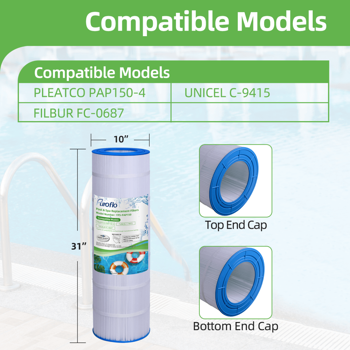 Puroflo Pool Filter Replacement for Pleatco PAP150-4, Unicel C-9415, Filbur FC-0687 (1 Pack)